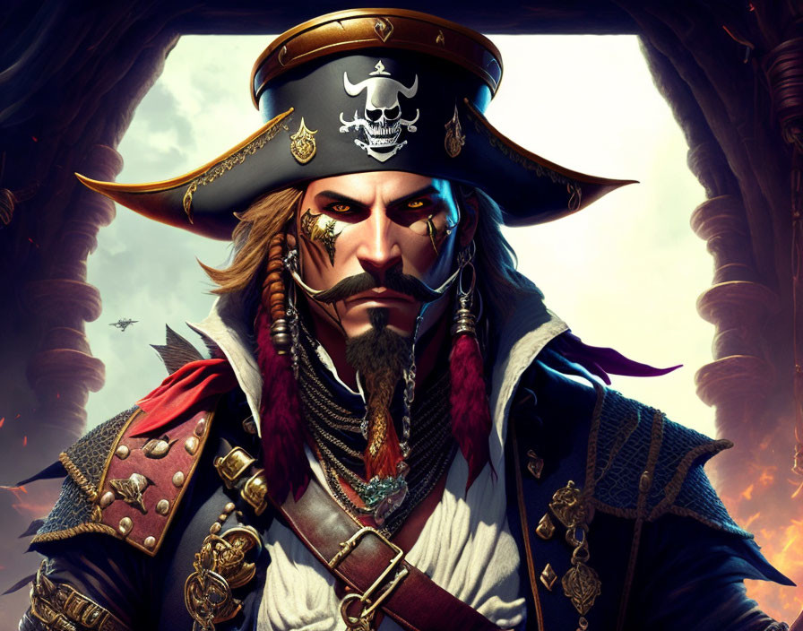 Detailed Pirate Captain Illustration with Tricorne Hat and Skull Emblem