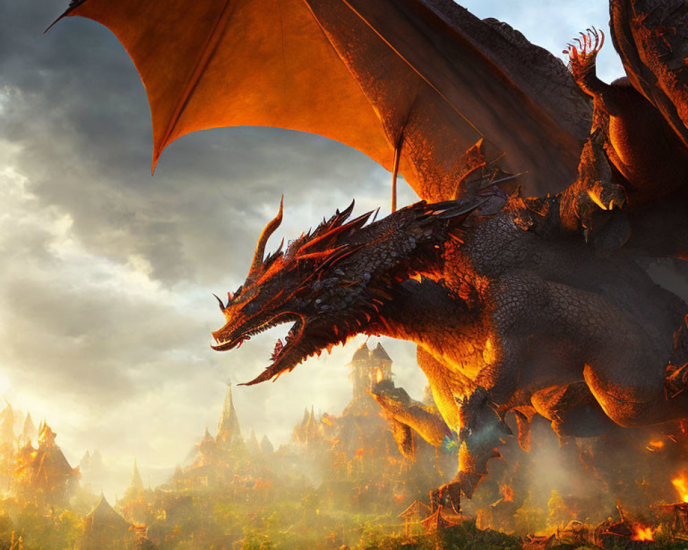 Fiery red-eyed dragon with expansive wings in mystical landscape