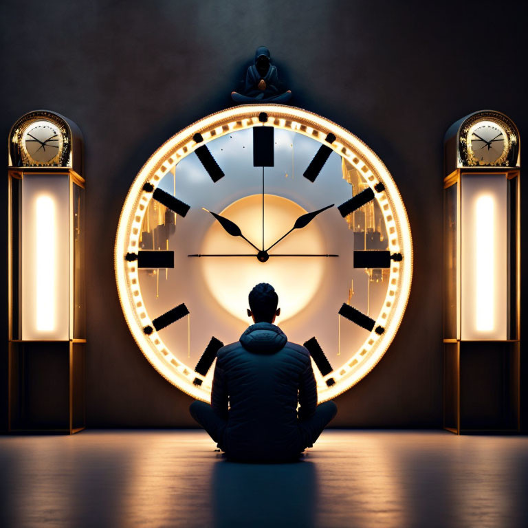 Person Contemplating Illuminated Clocks in Dimly Lit Room