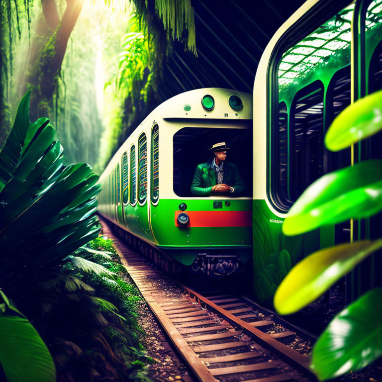 Green train with open door moving through lush forest with conductor.