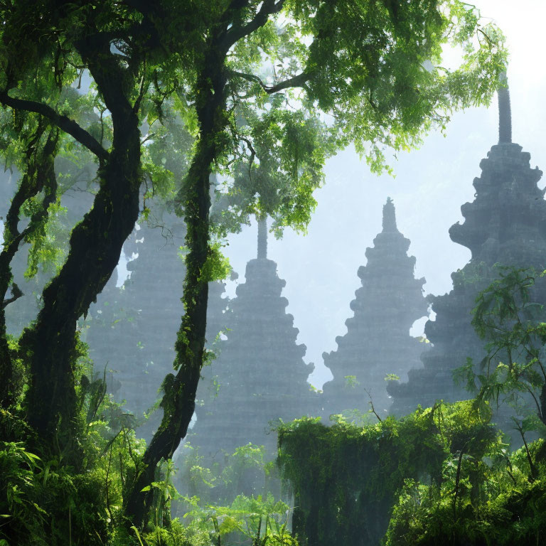 Ancient stone temples in misty jungle setting