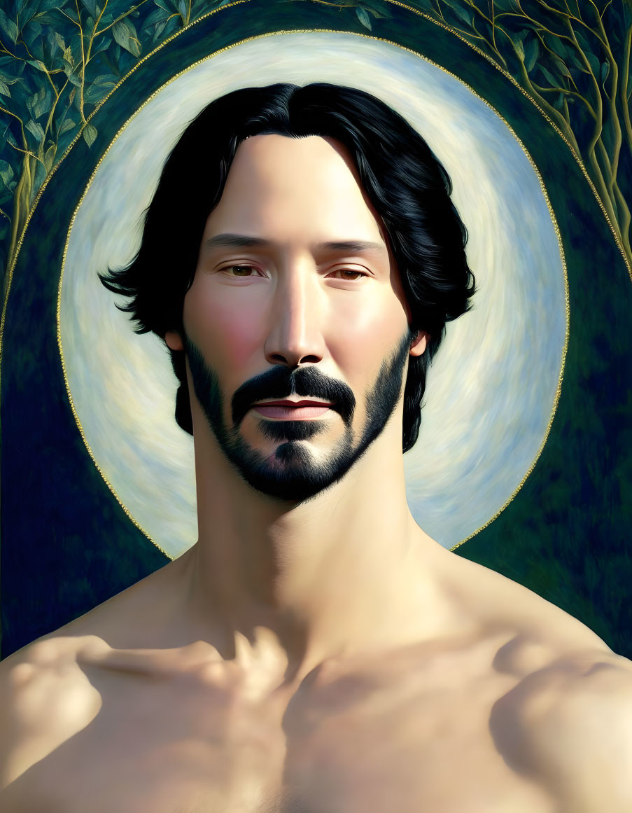 Serene bare-chested man with dark hair and beard in stylized portrait.