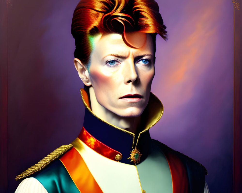 Vibrant orange hair, sharp gaze, colorful military-style jacket with high collar and medal