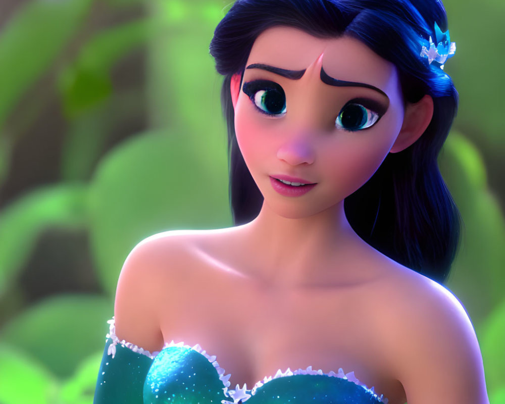 3D animated character with large green eyes and dark hair in green dress