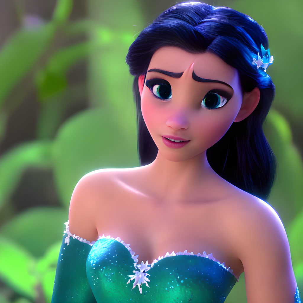 3D animated character with large green eyes and dark hair in green dress