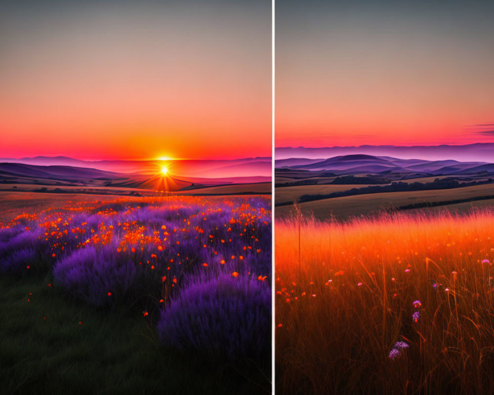 Split-image of rolling hills at sunrise and sunset with wildflowers and layered hills.