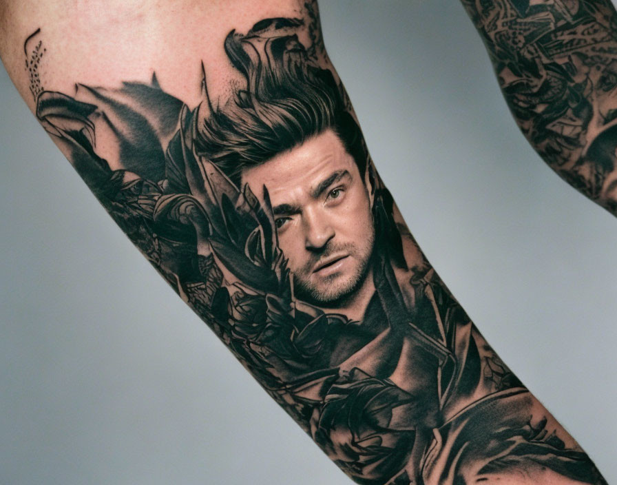 Realistic black and grey man's face tattoo with floral elements on arm