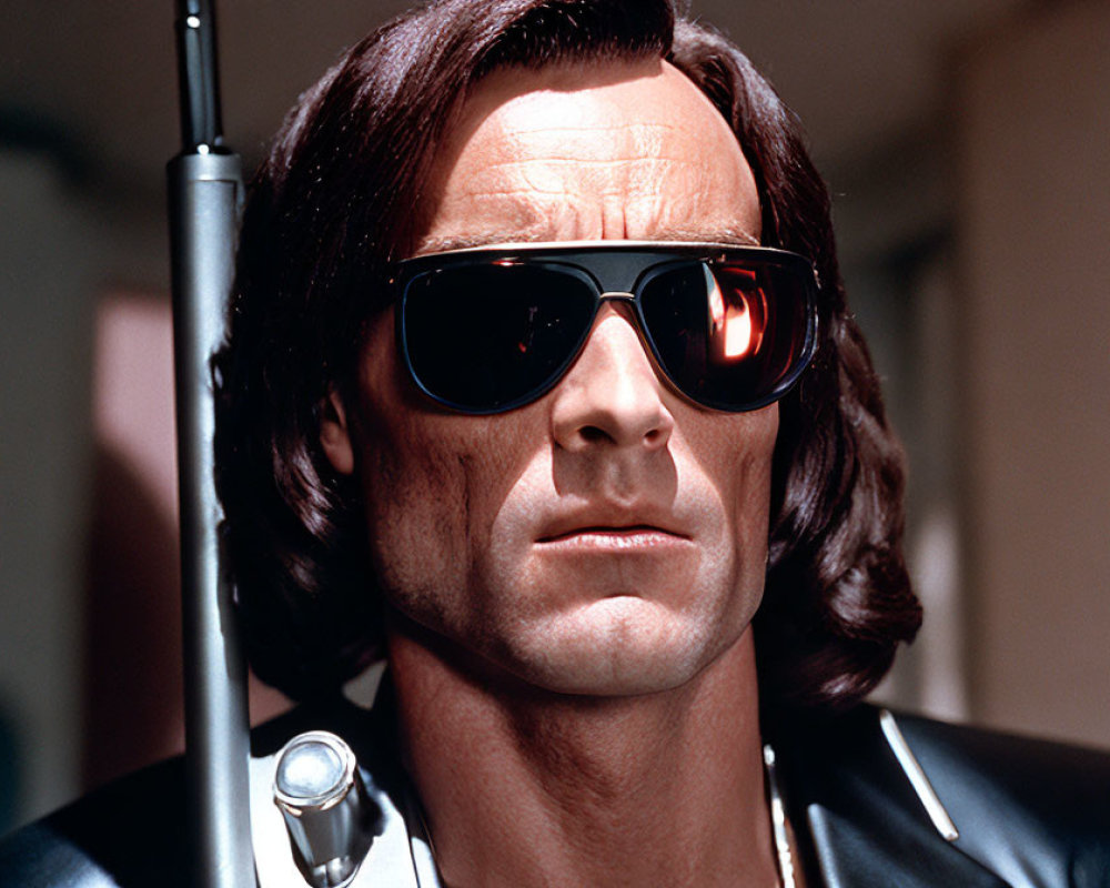Man with Long Dark Hair in Leather Jacket and Sunglasses with Robotic Arm