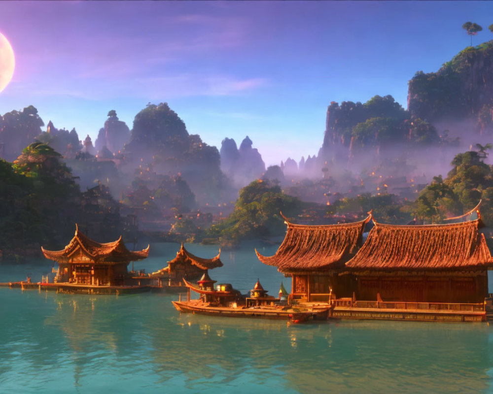 Tranquil Asian architecture by misty lake and karst mountains