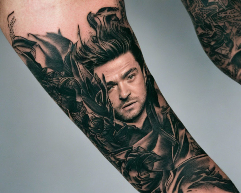 Realistic black and grey man's face tattoo with floral elements on arm