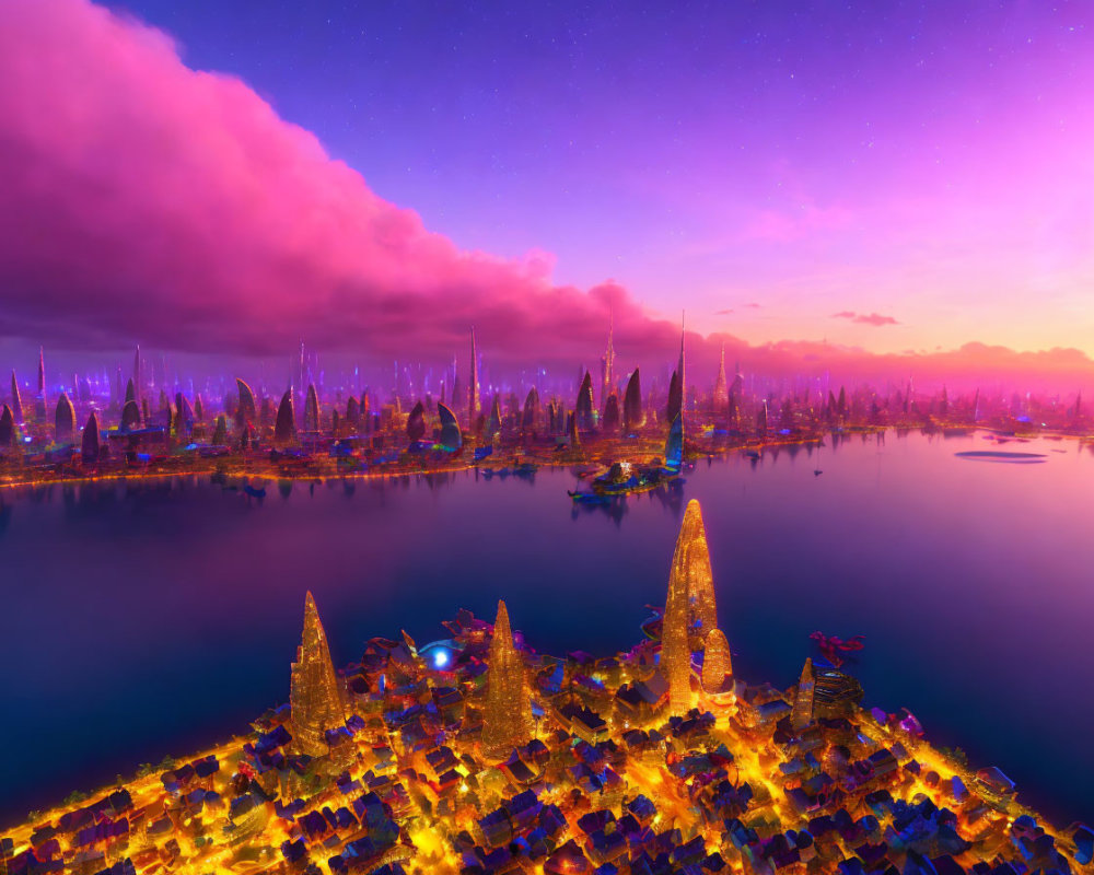 Vibrant purple twilight cityscape with golden buildings and tranquil water