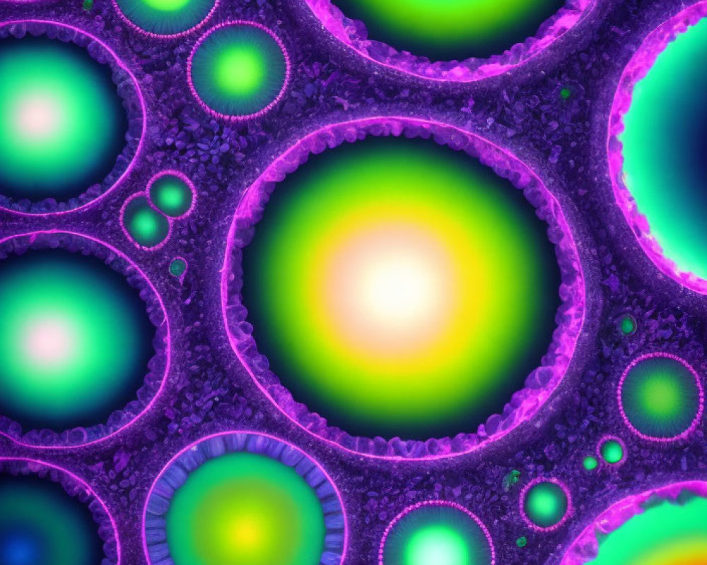 Colorful fractal art with neon green and purple circular patterns