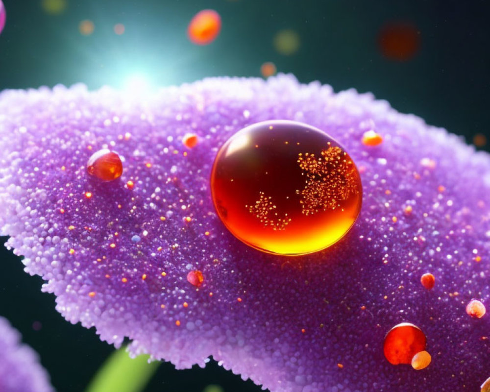 Translucent orange liquid bead on purple dew-covered surface