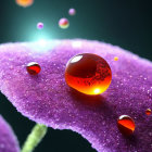 Translucent orange liquid bead on purple dew-covered surface