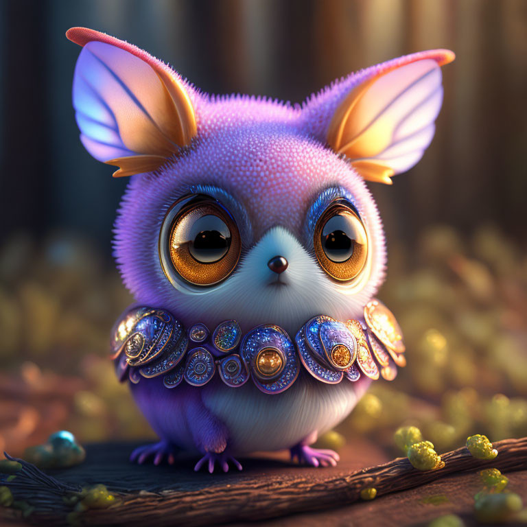 Whimsical 3D illustration of cute furry creature in magical forest