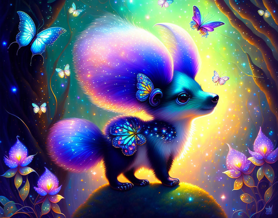 Vibrant fantasy illustration of glowing squirrel with butterfly wings in enchanted forest