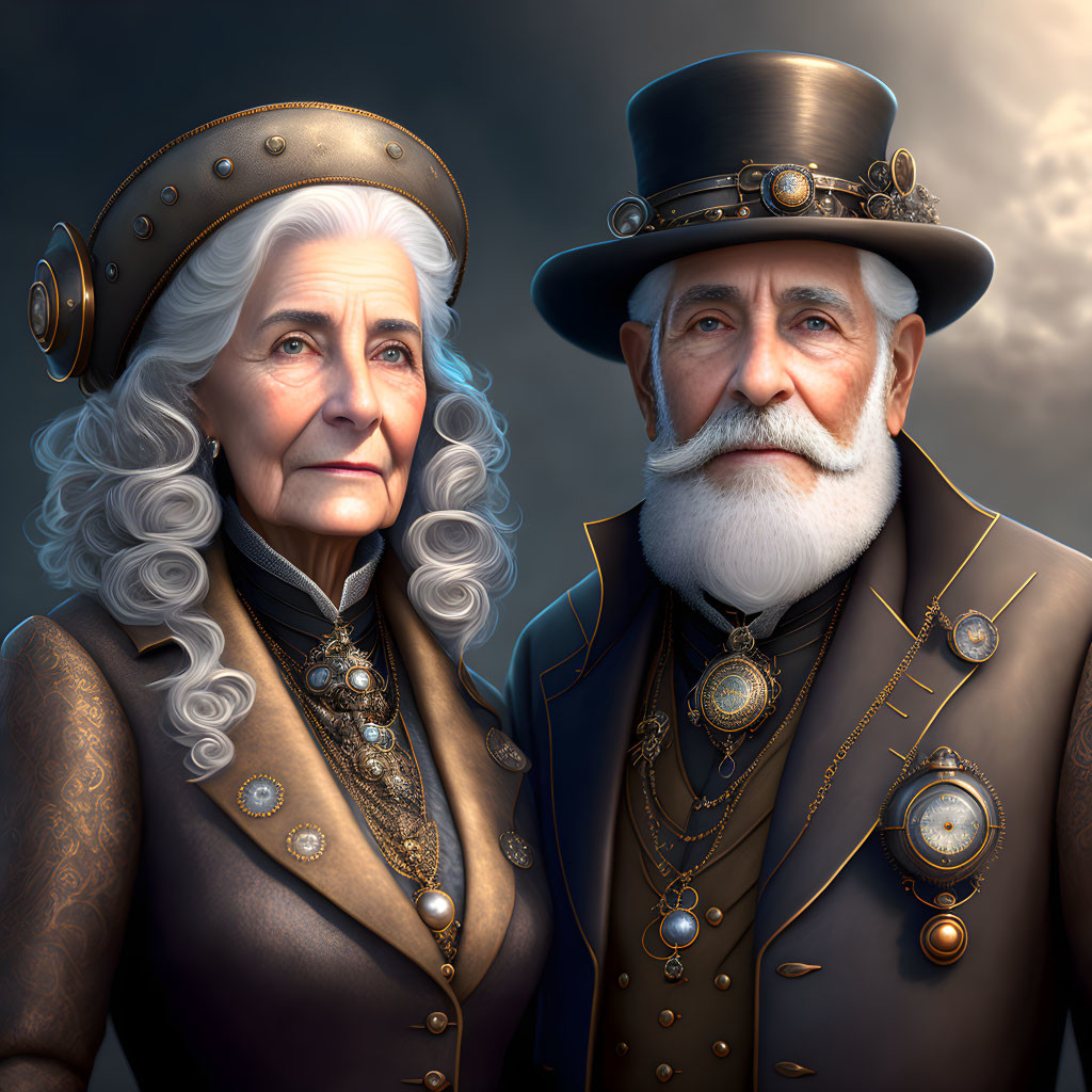 Elderly couple in steampunk attire with intricate details and ornate accessories