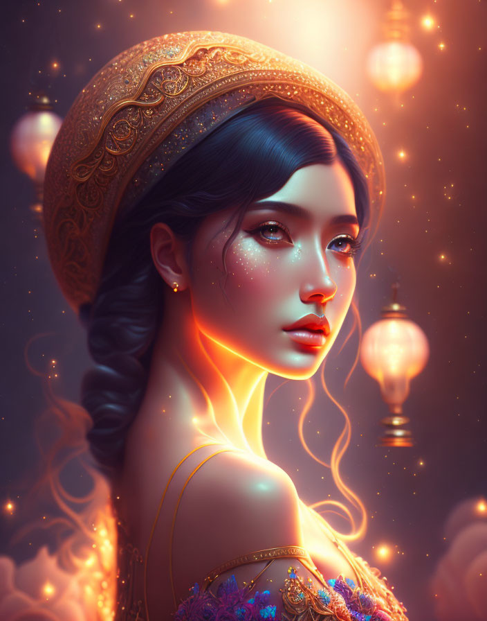Digital portrait: Woman with braided hairstyle and decorative headpiece, surrounded by glowing lanterns. Spark