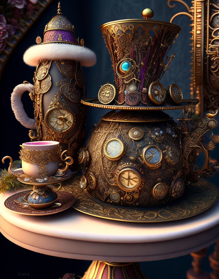 Intricate Steampunk-Style Teapot & Cup with Victorian-Inspired Design