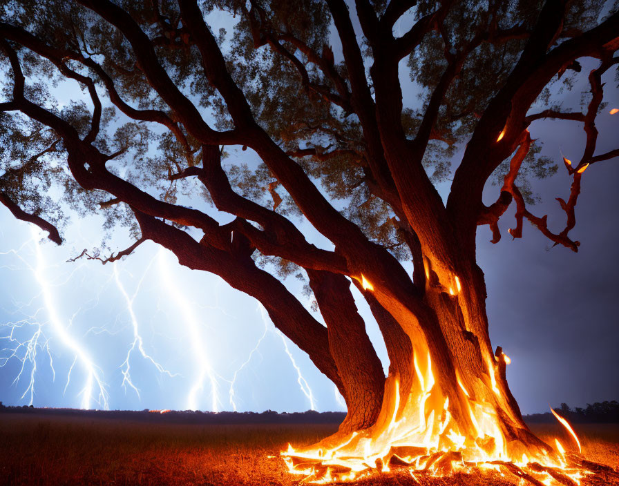 Spreading tree illuminated by fire with lightning strikes in stormy sky