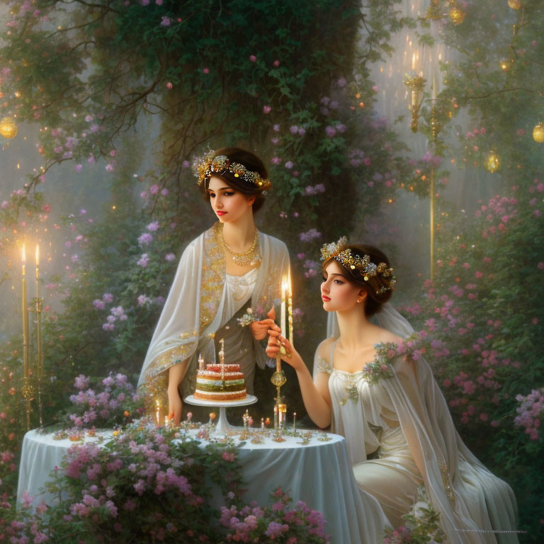 Women in classical attire with wreaths near cake and candles in misty, flower-filled setting