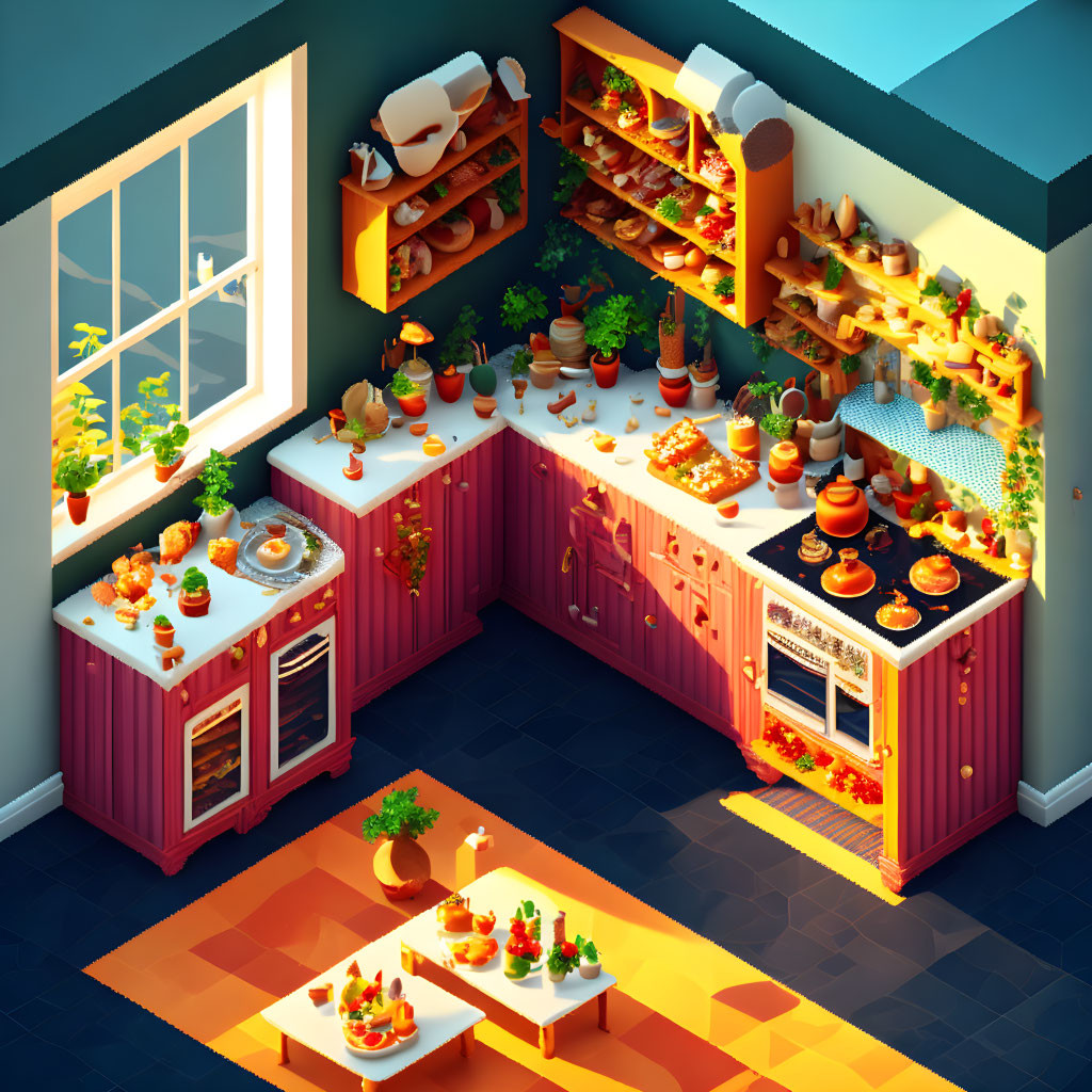 Isometric View of Cozy Kitchen with Plants, Ingredients, Red Cabinets, and Dining Table