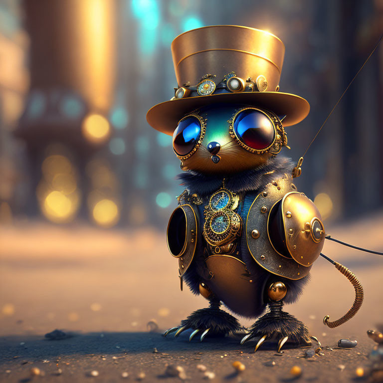 Steampunk owl with top hat and goggles in cobbled alley