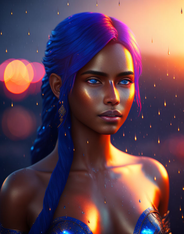 Digital Portrait of Woman with Vibrant Blue Skin, Hair, and Eyes