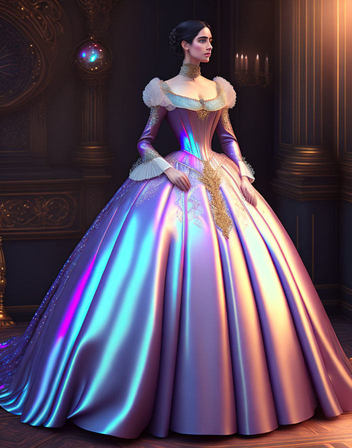 Victorian gown with iridescent hues and gold embroidery in luxurious room