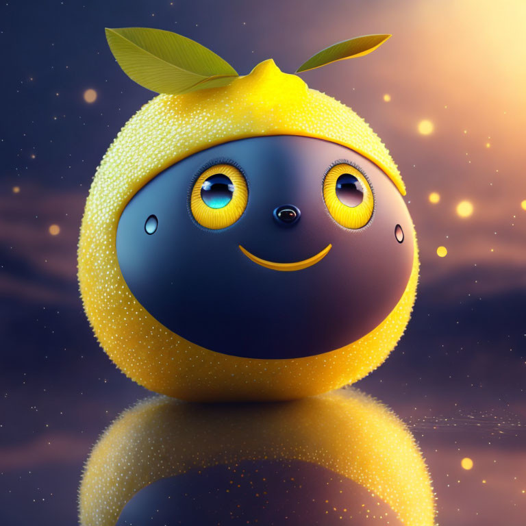 Whimsical 3D black sphere with smiling face, lemon peel, and starry backdrop