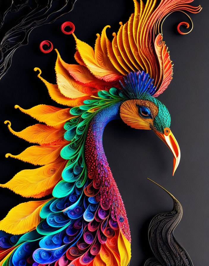 Colorful Three-Dimensional Peacock Art on Black Background
