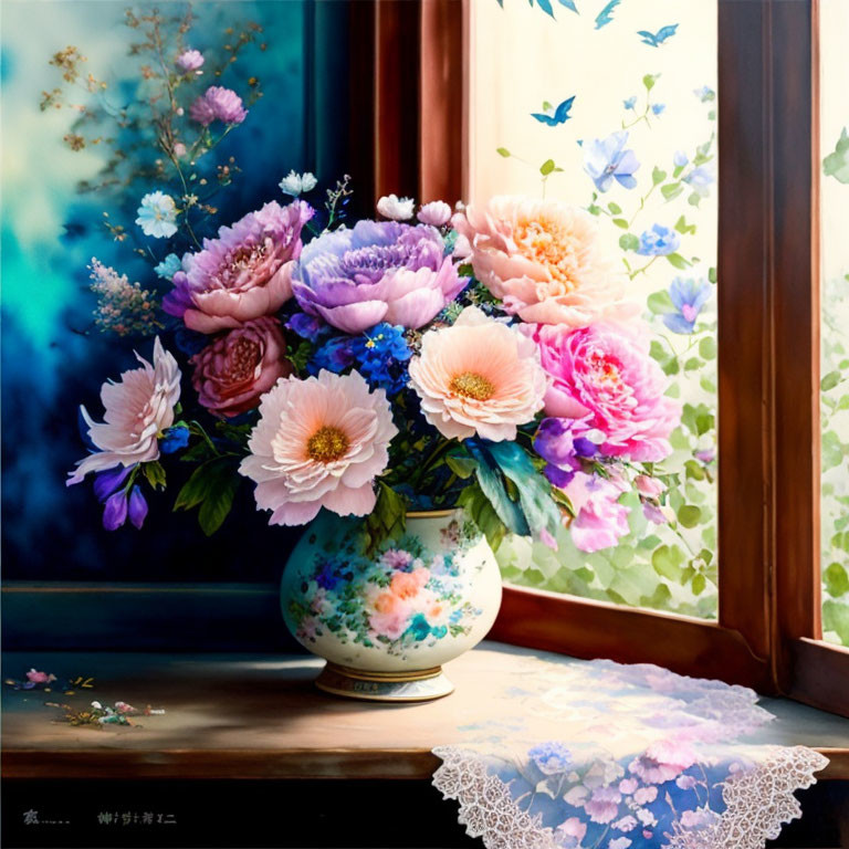 Colorful Flower Bouquet in Painted Vase with Window Light and Butterflies