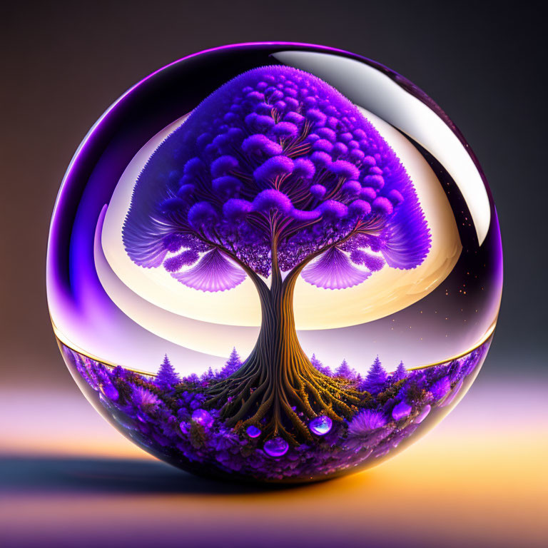 Surreal tree with purple foliage in reflective sphere on warm gradient background