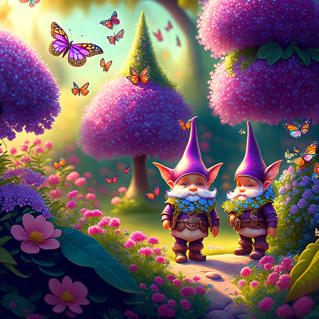 Whimsical garden gnomes with vibrant flowers and butterflies