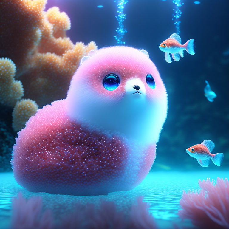 Fluffy pink and white creature among coral with fish in the sea