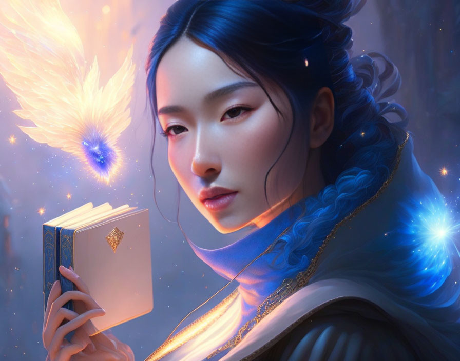 Mystical artwork featuring woman with glowing blue features and book surrounded by luminescent butterflies.