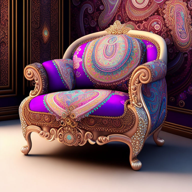 Vibrant Purple Upholstery Armchair with Gold and Paisley Patterns