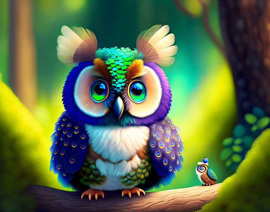 Vibrant illustration: Two owls with expressive eyes on a forest branch