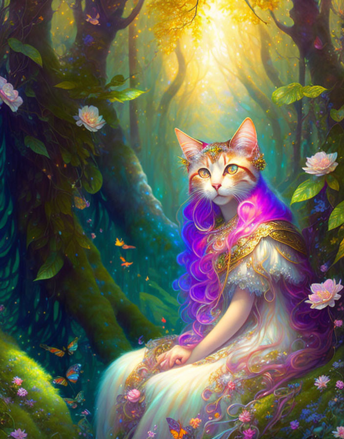 Multicolored hair humanoid cat in enchanted forest with warm light