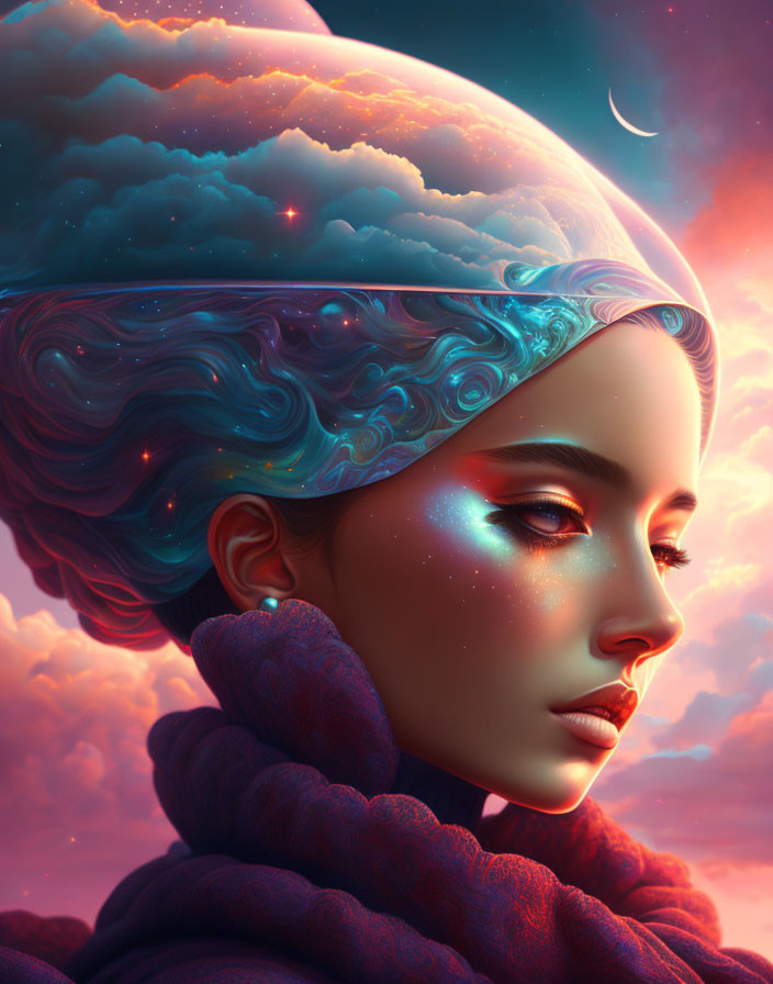Digital artwork: Woman with cosmic headpiece blending hair with stars and clouds.