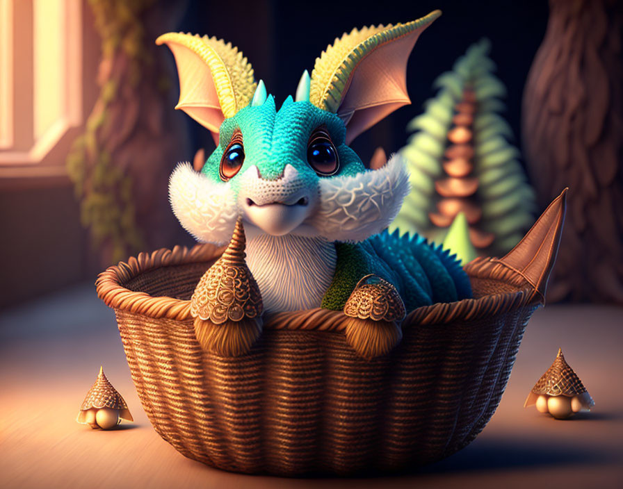 Blue and White Dragon in Wicker Basket with Glowing Mushrooms