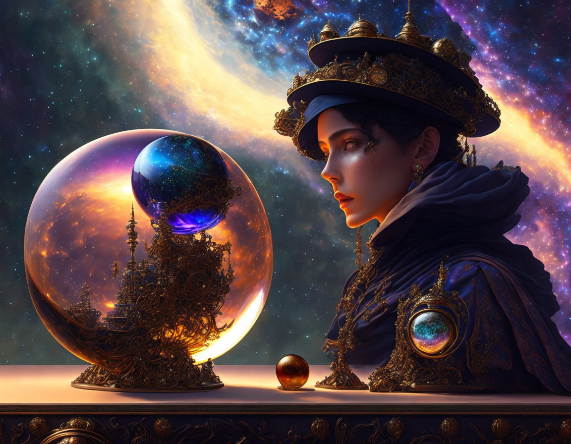 Historical woman in ornate attire gazes at cosmic crystal ball.