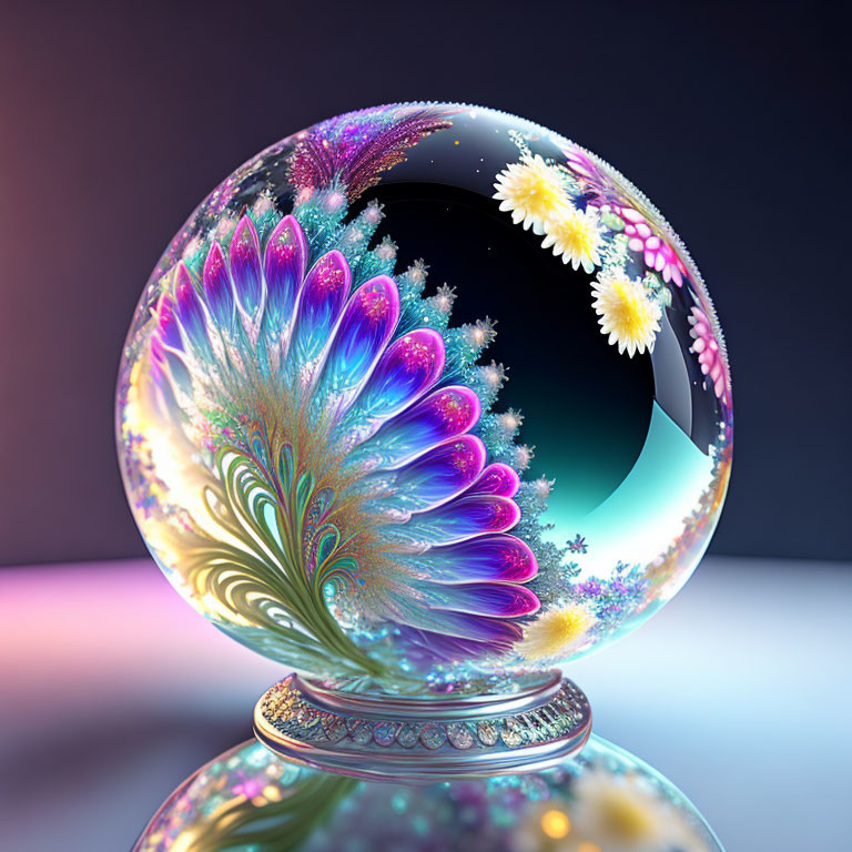 Colorful fractal art crystal ball with floral and feather patterns on defocused background