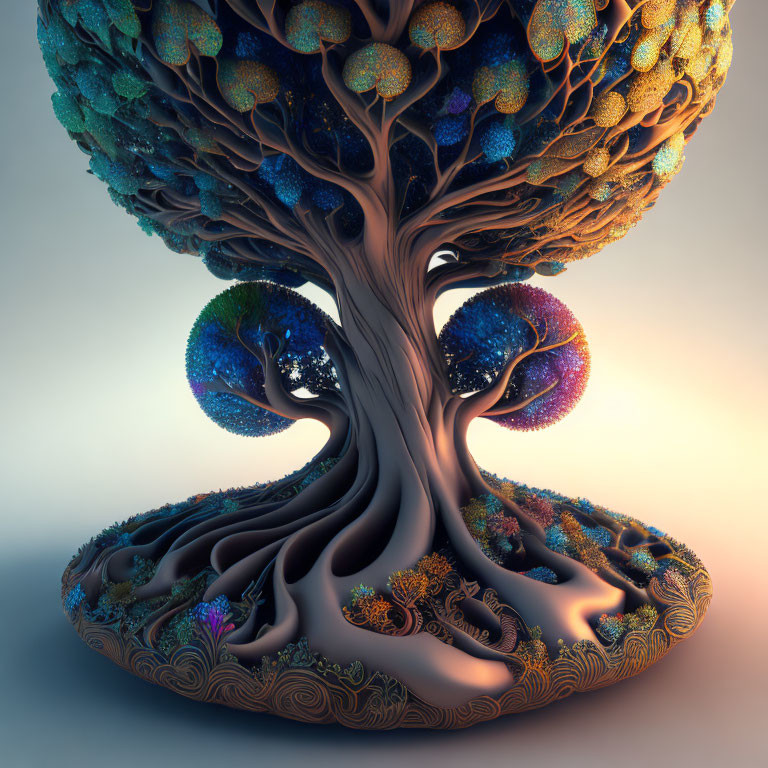 Colorful Fractal Tree with Vibrant Leaves and Intricate Roots