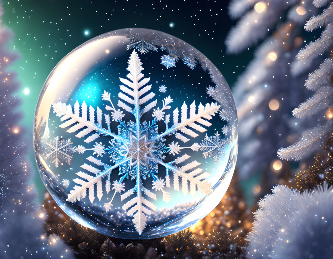 Detailed Snowflake Encased in Transparent Orb Surrounded by Frosty Branches and Starry Sky