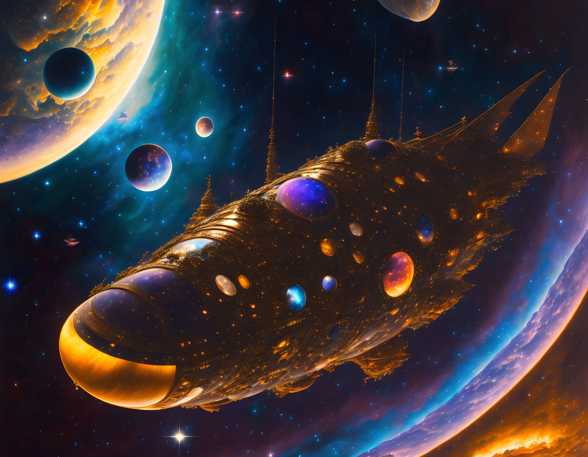 Futuristic sci-fi illustration of glowing spaceship in colorful cosmic setting