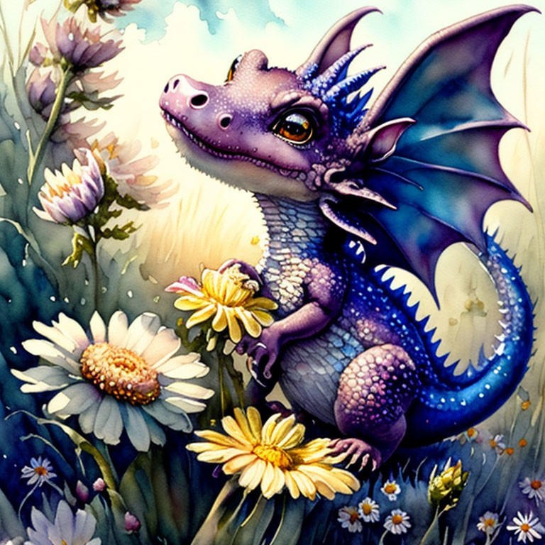 Colorful Baby Dragon Surrounded by Wildflowers