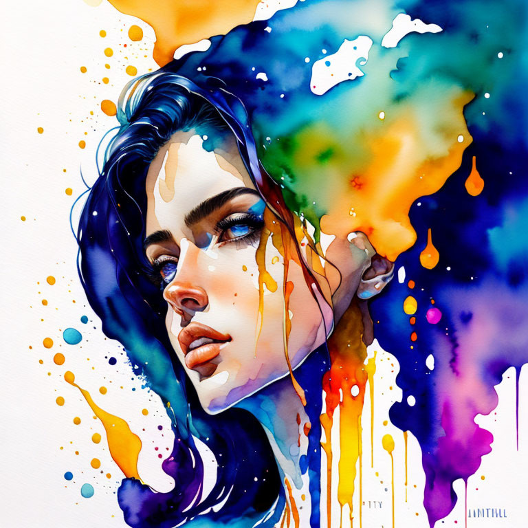 Colorful Watercolor Illustration of Woman with Abstract Elements