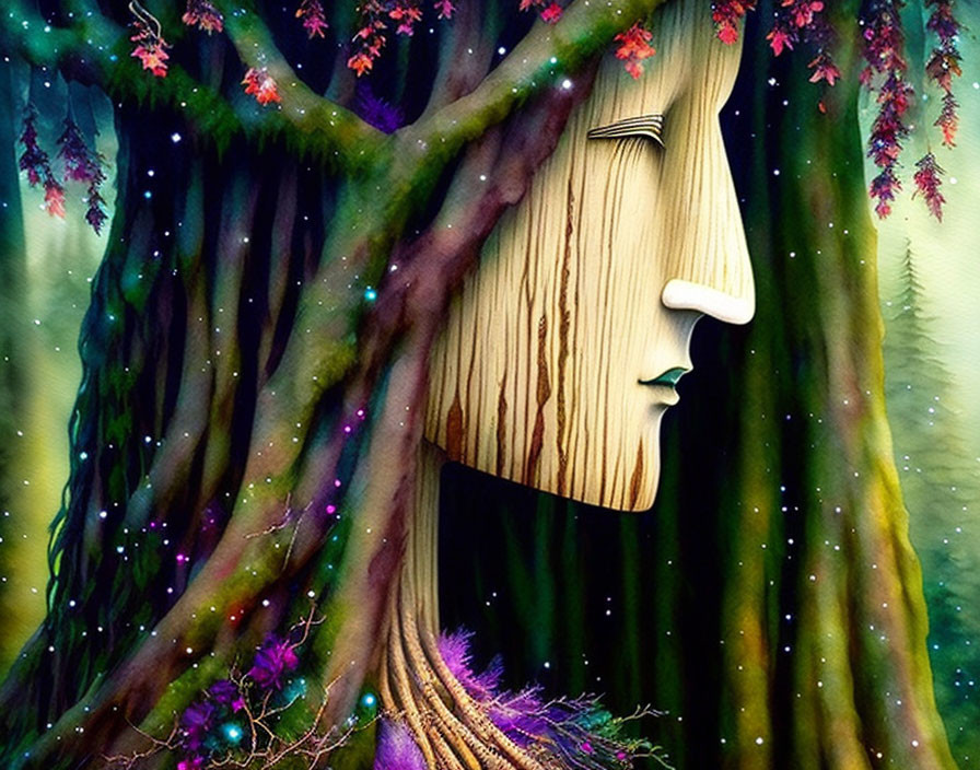 Human face blended into tree trunk surrounded by colorful foliage and mystical lights