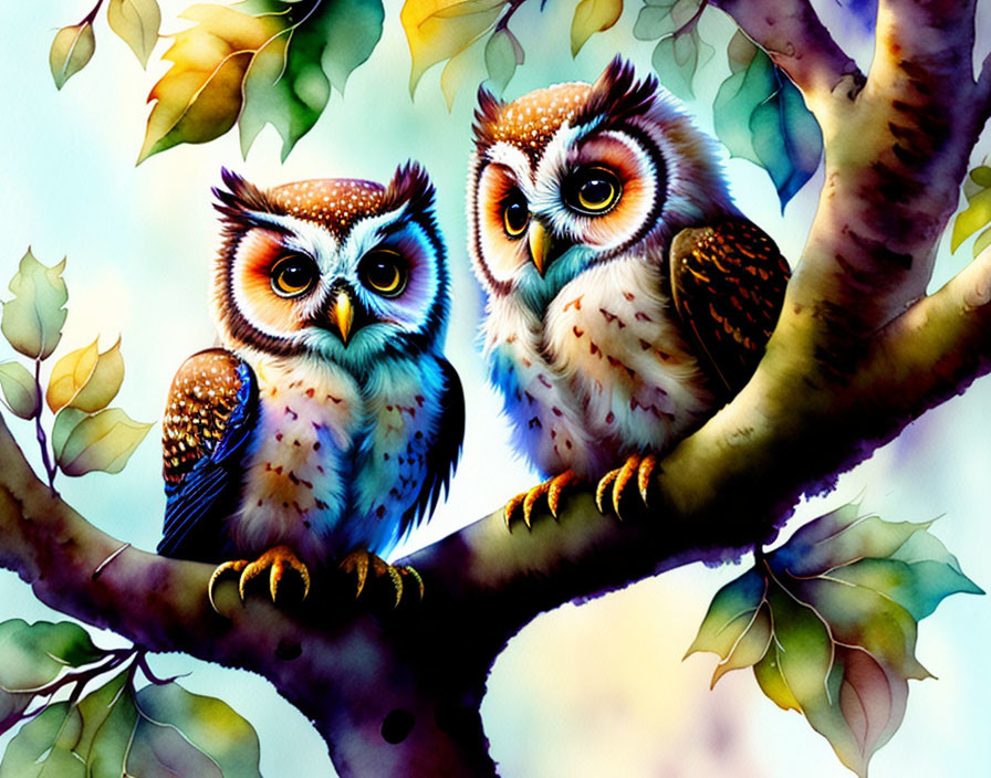 Watercolor owls in a tree